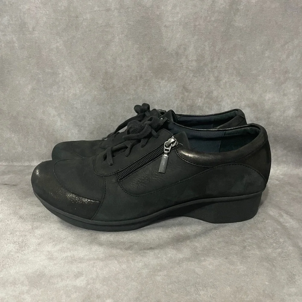 Dansko Hazel Black Leather Lace Up Comfort Shoes Womens EU 42 US 11.5 Side Zip‎